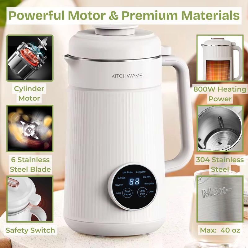 8-In-1 Nut Milk Maker 40Oz/1200Ml – Automatic, Self-Cleaning, Delay Start, Keep Warm, Boil Water, Easy to Use – 304 Stainless Steel – White